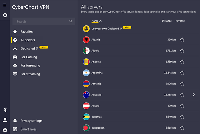 Screenshot of CyberGhost, servers
