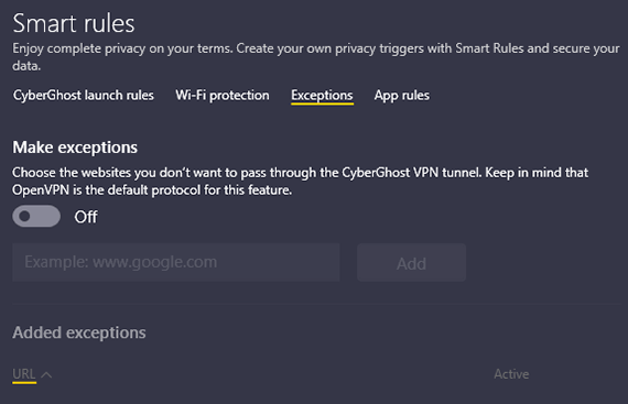 Screenshot of CyberGhost, smart rules