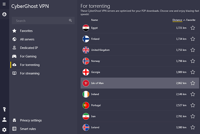 Screenshot of CyberGhost, torrenting servers