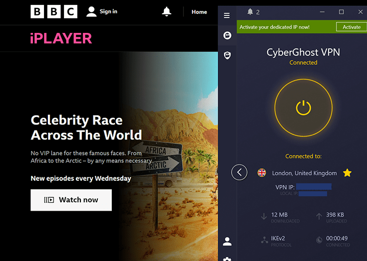 BBC iPlayer in the background and CyberGhost VPN in the foreground, connected to a server in the United Kingdom.