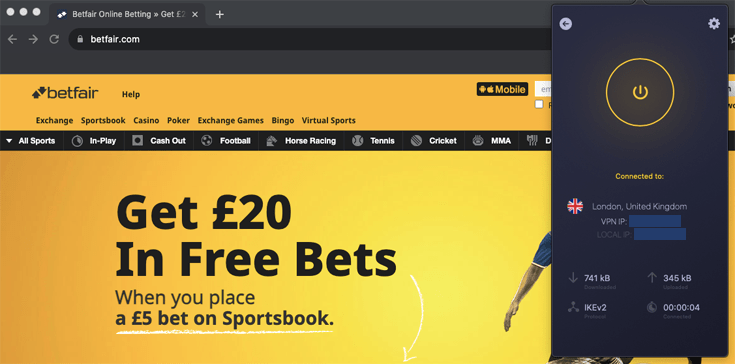 Screenshot showing CyberGhost VPN being used to unblock Betfair gambling website