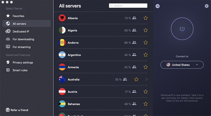 Image shows CyberGhost VPN's server select menu