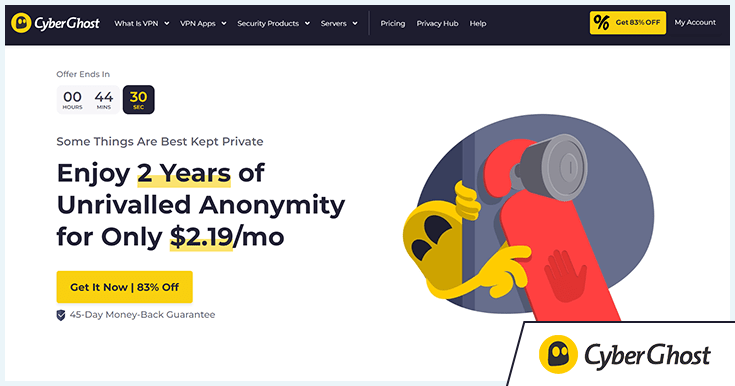Screenshot of CyberGhost VPN website homepage with added logo in the corner