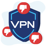 Icon showing VPN shield icon surrounded with thumb down symbol, disadvantages of a VPN