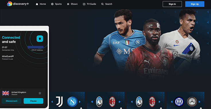 A screenshot of Serie A unblocked on discovery+ using Surfshark VPN