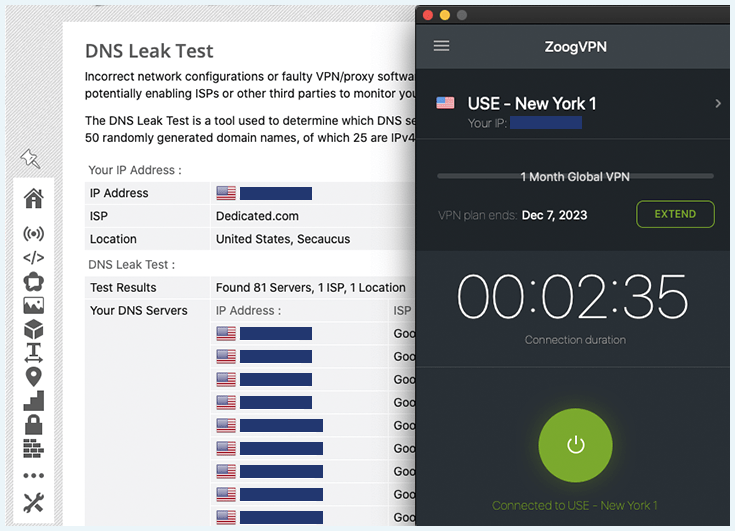 ZoogVPN passing a DNS leak test