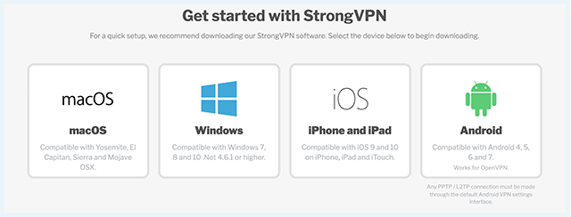 Strong VPN download software for different OS page section screenshot