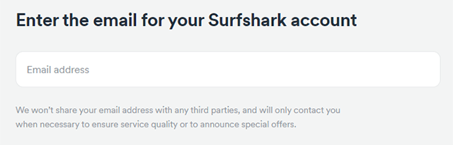 Screenshot of Surfshark VPN, enter email for account