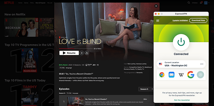 Screenshot showing ExpressVPN unblocking Netflix