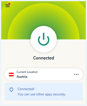 Screenshot of ExpressVPN, client connected