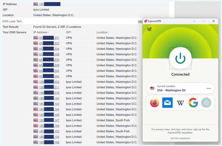 A screenshot of ExpressVPN's DNS leak results, showing a location in Washington D.C.