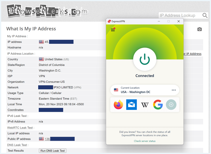 A screenshot of ExpressVPN's leak test for IP address, showing no leak.