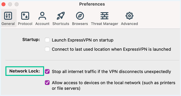 Screenshot showing kill switch settings in the ExpressVPN app