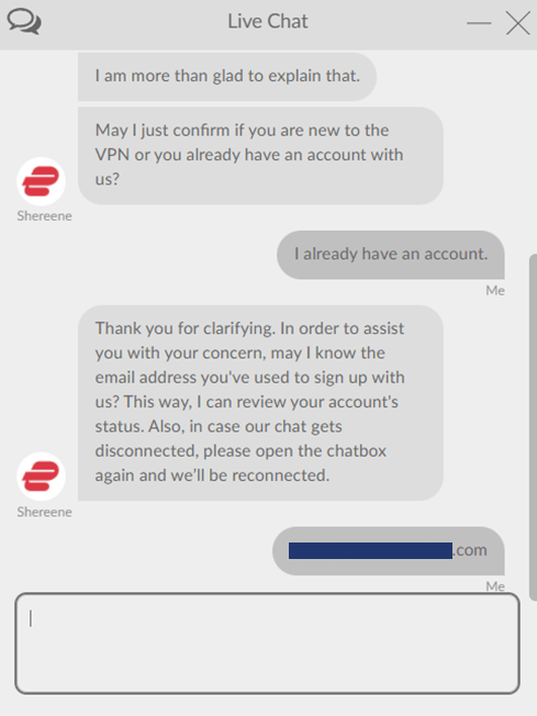 Screenshot of ExpressVPN, Live Chat