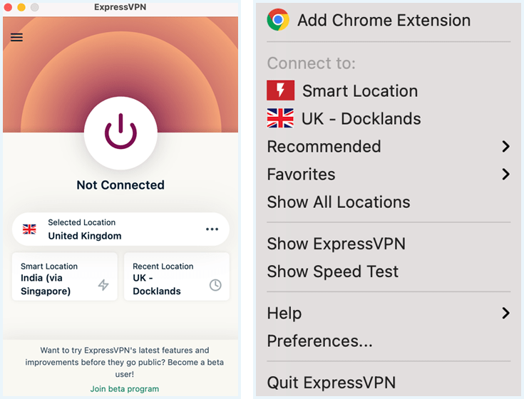 Screenshot showing the ExpressVPN interface on macOS