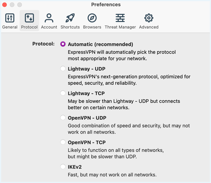 Screenshot showing VPN protocols available in the ExpressVPN app