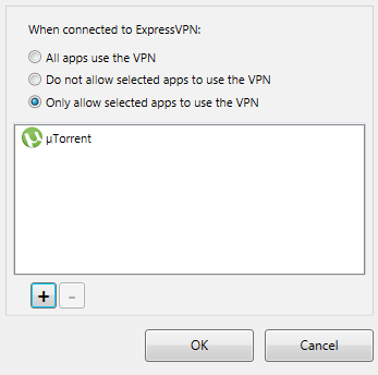 Screenshot of ExpressVPN, Split tunneling settings
