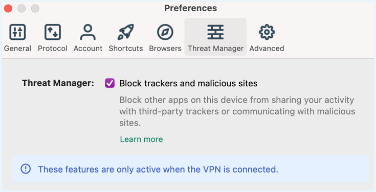 Screenshot showing the threat manager feature in the ExpressVPN app