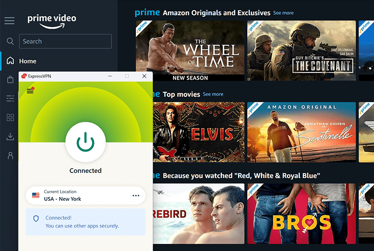 Prime Video in the background, ExpressVPN in the foreground, connected to a server in the United States.