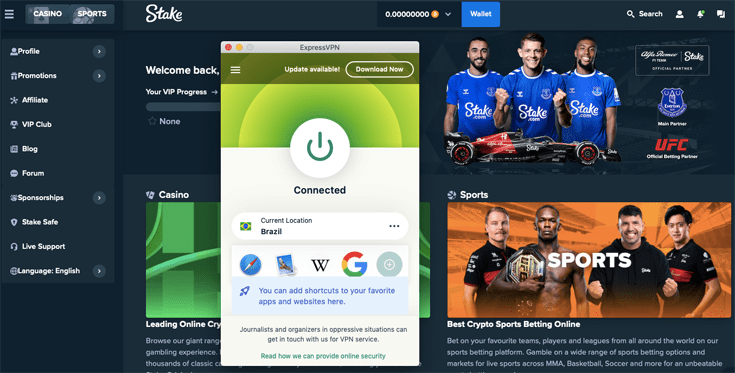 Image depicting Stake Casino being unblocked with ExpressVPN