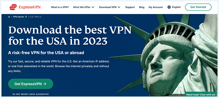 A screenshot of ExpressVPN's US server homepage