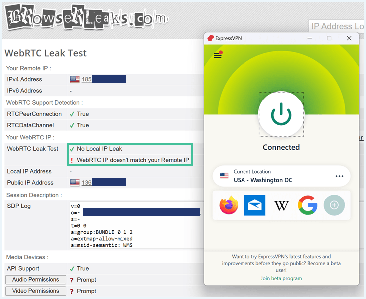 A screenshot of ExpressVPN's WebRTC leak test, showing a notification that says WebRTC does not match remote IP.