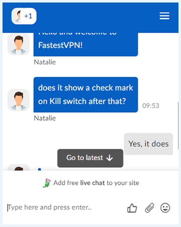 Screenshot of FastestVPN, live chat conversation