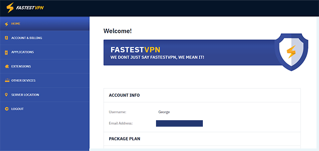 Screenshot of FastestVPN, Personal dashboard