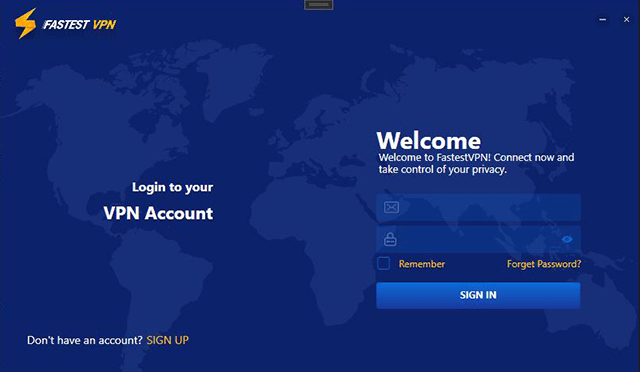 Screenshot of FastestVPN, software login window