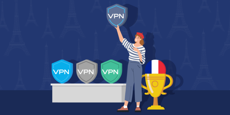 An image of a lady holding a VPN logo with the French flag in a trophy beside her