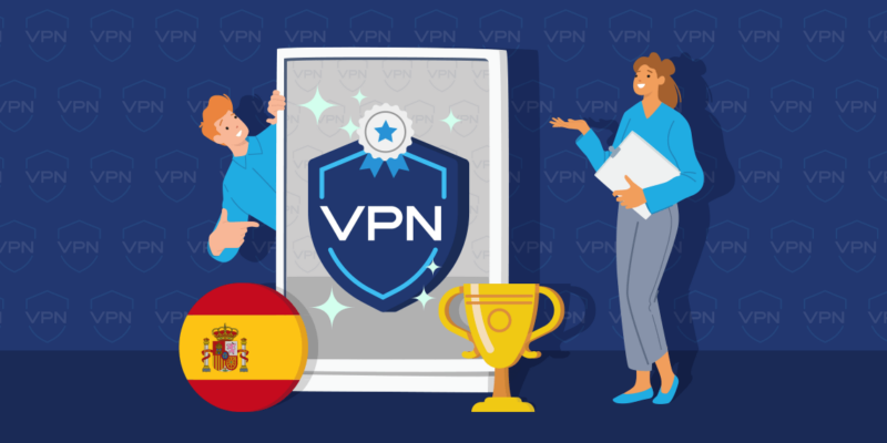 Image of a man and a woman standing by a banner of a VPN with the Spanish flag and a trophy by them