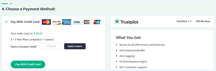 Screenshot of iProVPN, payment information