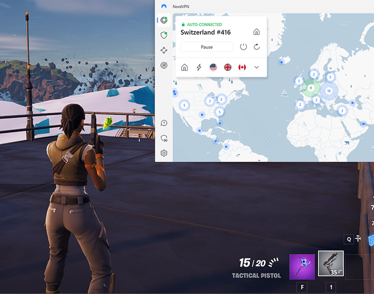 Game Fortnite and NordVPN interface, connected to Switzerland server