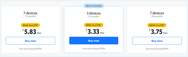 Screenshot of FSecure VPN Pricing plan section