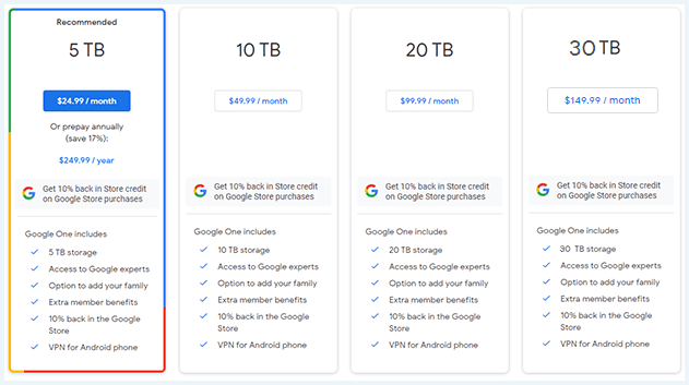 Google One Pricing Terrabyte Plans