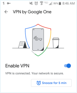 Screenshot of Google One VPN's 