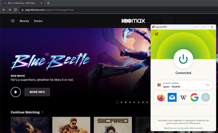 A screenshot of the HBO Max homepage in the background with the ExpressVPN client in the foreground.