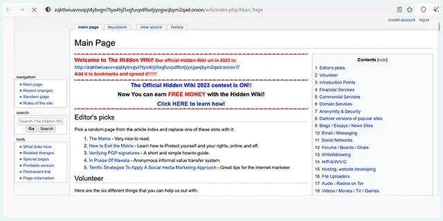 Screenshot of HiddenWiki homepage