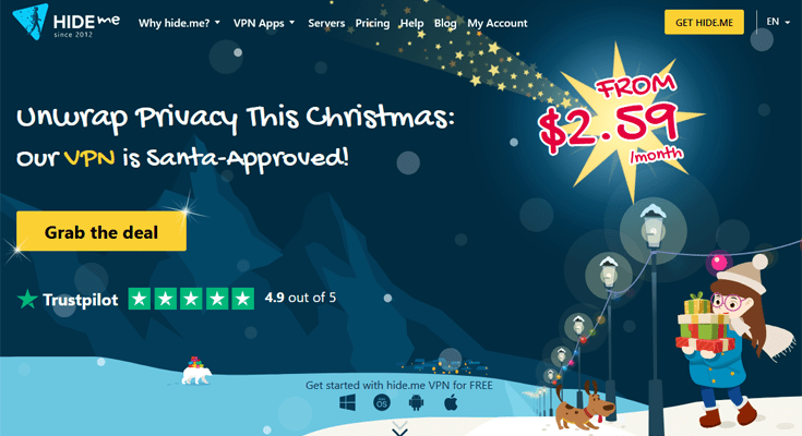 Homepage Hide.me Showing the 2023 Christmas Deal