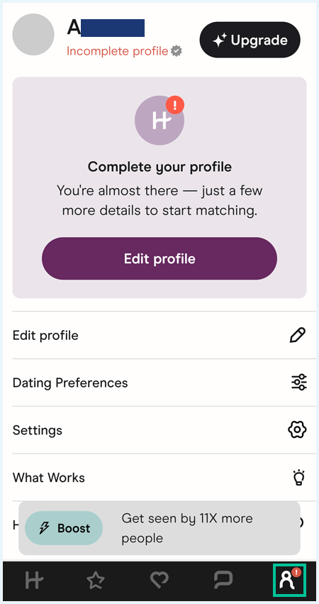 Screenshot showing user profile on the Hinge dating app
