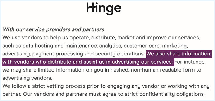 Screenshot showing part of the Hinge app privacy policy