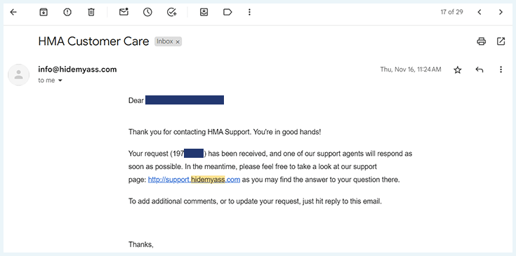 A screenshot of an automated response from HMA's customer support