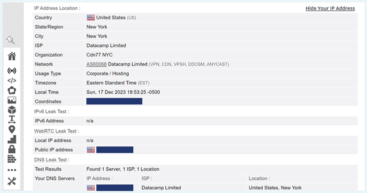 A screenshot of results from HMA's DNS leak test