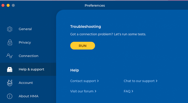 A screenshot of HMA's Mac app