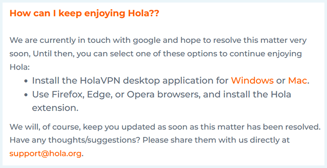 Screenshot of Hola VPN app, one of the FAQ