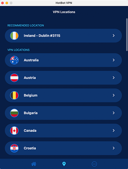Screenshot of Hotbot VPN, locations
