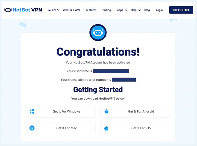 Screenshot of Hotbot VPN, account created page