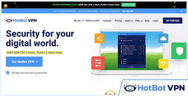 Screenshot of Hotbot VPN, homepage