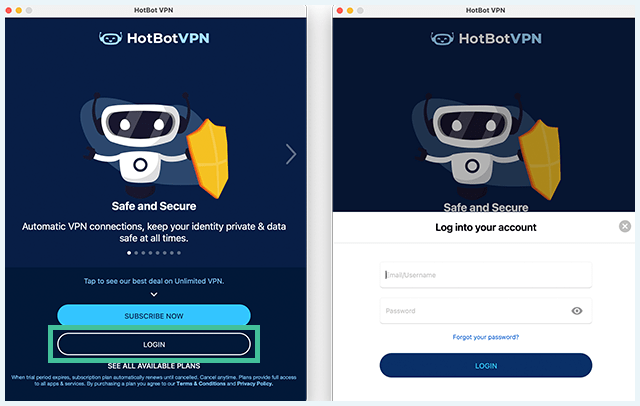 Screenshot of Hotbot VPN, login screens