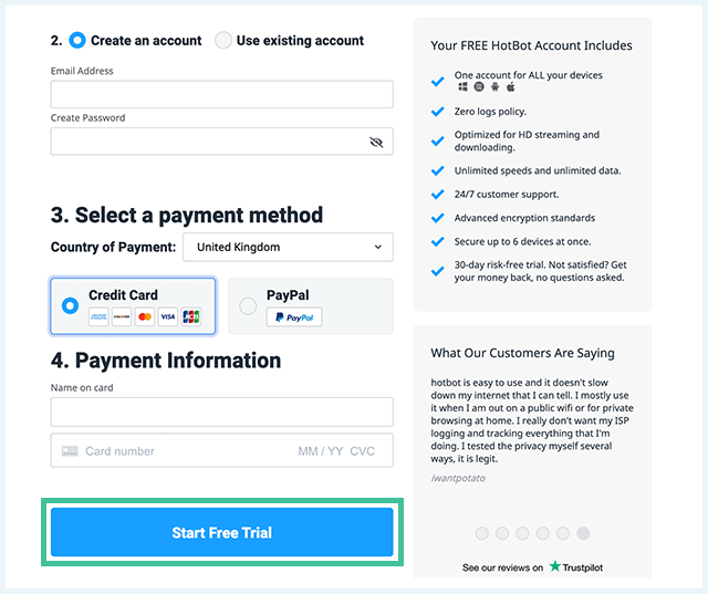 Screenshot of Hotbot VPN, payment page